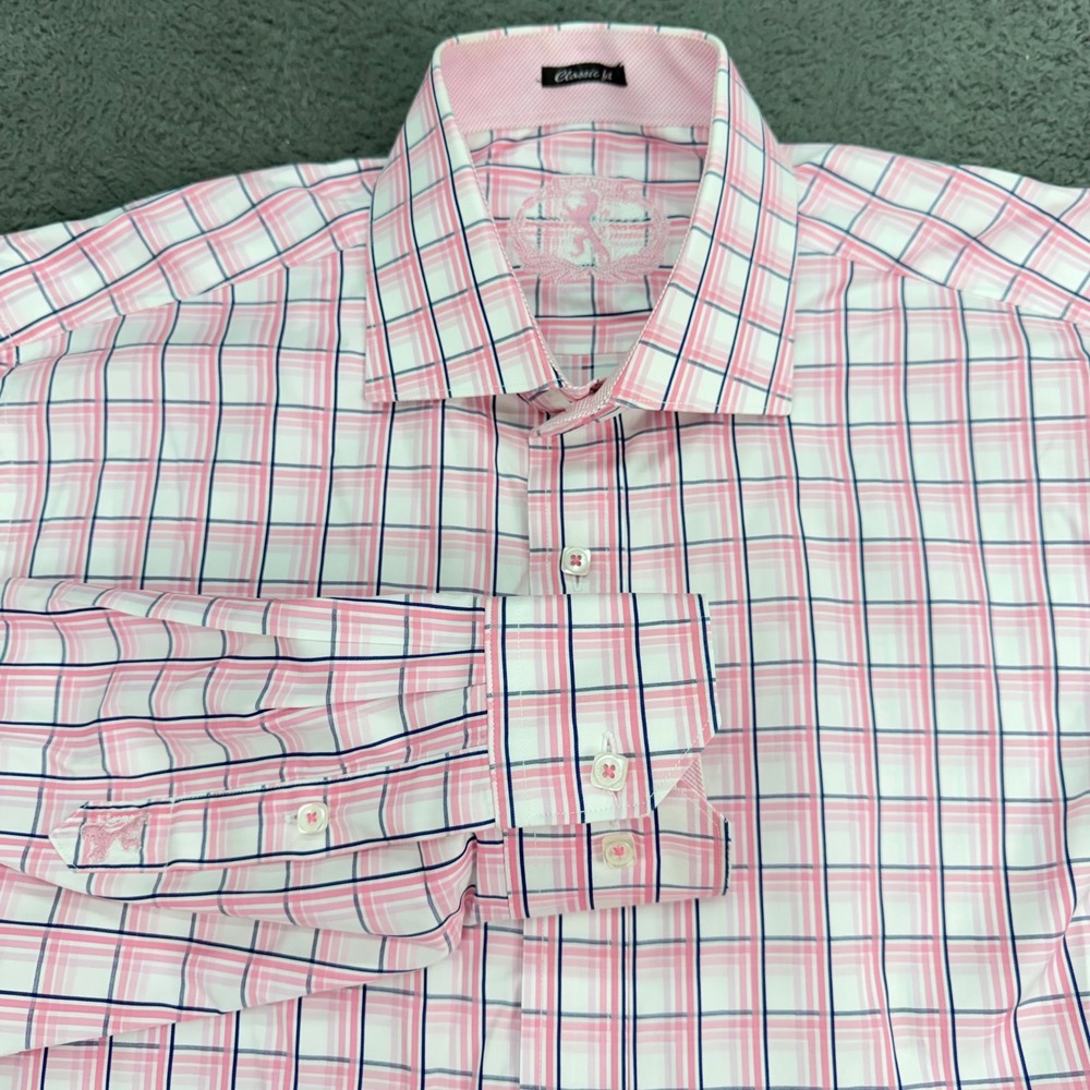 Bugatchi Button Down‎ Shirt Mens XL Pink Navy Plaid Classic Fit Long Sleeve